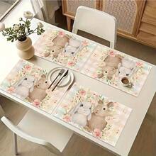 1/4/6 pezzi Serie Pasquale, Un paio di conigli abbracciati circondati da fiori rosa e bianchi e foglie verdi stampati su tovaglietta/tovaglia, realizzata in lino, lavabile a mano - adatta per tavolo da pranzo, cucina, festa, decorazione della casa - Multicolore - Visualizzare 4