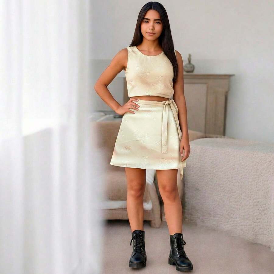 Girls' Junior Set: Cropped Top And Skirt Shorts With Floral Print – Summer Fashion, Lightweight, Modern And Comfortable - Giải phóng màu vàng - Xem 1