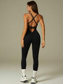 UONNOU 1pc Women's Sleeveless Backless Jumpsuit, Sports Bodysuit, Yoga Outfit, Casual Wear, Peach Hip Lifting, Waist Slimming, Full Body Shaping, Seamless Knit Soft Fabric, Tight Fit Sports Jumpsuit, Suitable For Outdoor Sports, Yoga, Running, Casual Daily Wear, Commute, Party, All Season, Spring/Summer - Black - View 2