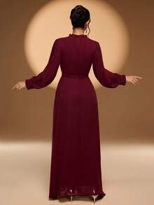 Elegant Women's Long Burgundy Dress With Extra-Long Regular Sleeves Round Neck And Beaded 3D Rose Details Perfect For Party Wear, Valentine's Day Wedding Spring - Burgundy - View 2