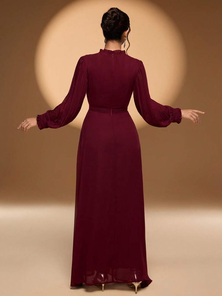 优雅女士长款酒红色连衣裙，超长常规袖，圆领，饰有串珠3D玫瑰花，是派对、情人节、婚礼等场合的完美之选。 - 酒紅色 - 查看 2