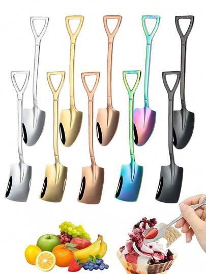 Juego de 5 piezas/10 piezas de cucharas de postre creativas de acero inoxidable, cucharas con forma de pala, cucharas para helado, cucharas de café, cucharillas largas, cucharillas de espresso