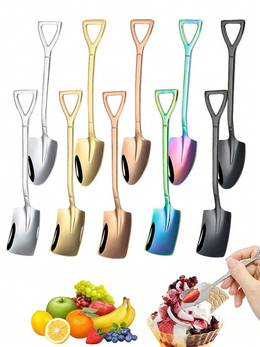 Bộ 5/10 thìa tráng miệng bằng thép không gỉ sáng tạo, thìa hình xẻng, thìa kem, thìa cà phê, thìa trà dài, thìa espresso. - Nhiều màu - Xem 1