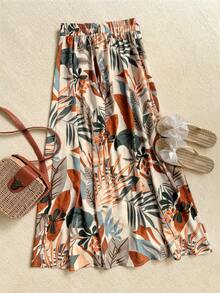 Women's Tropical Plant Print A-Line Maxi Skirt With Slit, Loose And Comfortable, Suitable For Spring/Summer Vacation - Multicolor - View 3