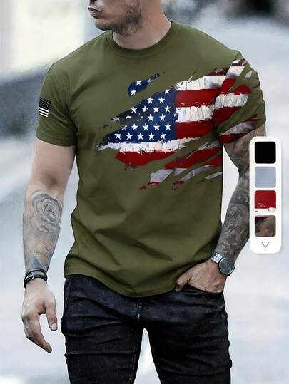 Printed Summer Short Sleeve T-Shirt, American Fashion Brand Print, Round Neck Casual Versatile Top, Men Outdoor Sports T-Shirt
