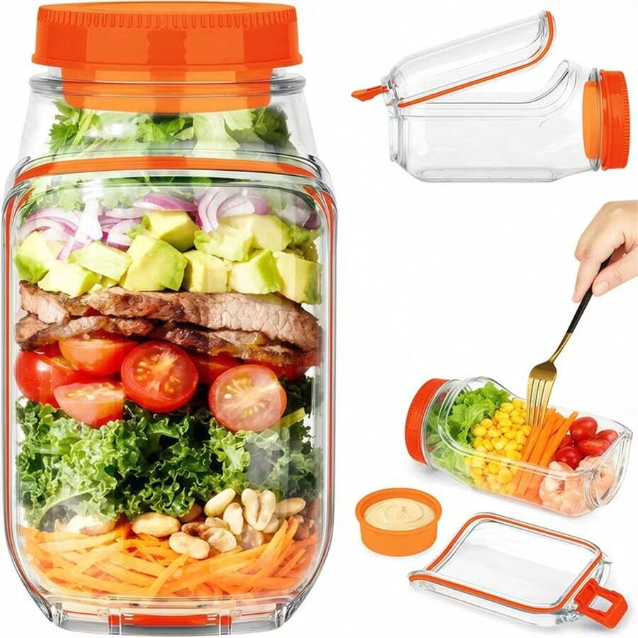 1 Hũ đựng salad - Loại mở nắp bên hông tiện dụng, thiết kế chống rò rỉ, có nắp đậy, cốc đựng thực phẩm trong suốt, kèm theo hộp đựng nước sốt 2,5 oz, thiết kế mở nắp bên hông dễ dàng lấy ra, đường kính lớn, sạch sẽ và không có góc chết, ngay cả người ngồi gù lưng cũng dễ dàng sử dụng, hoàn hảo cho văn phòng, trường học, du lịch, tiệc tùng, dùng làm hộp đựng salad, hộp cơm trưa, bát salad, bát salad có nắp, hũ Mason.