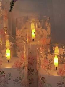 3-Piece LED Electronic Candle Set, Pink Rose-Printed Casing, With Remote Control And Timer (2/4/6/8 Hours), Featuring A Flickering Flame Effect, Long Battery Life, Suitable For Parties, Weddings, Family Gatherings, Everyday Use, And Holiday Decorations/Gifts. - Rose - View 3