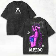 Albedo Overlord X Dark Succubus Vibe + Heavy Cotton Oversized T-Shirt + Washed Vintage Streetwear Limited Drop Menswear Top - 黑色 - 查看 1