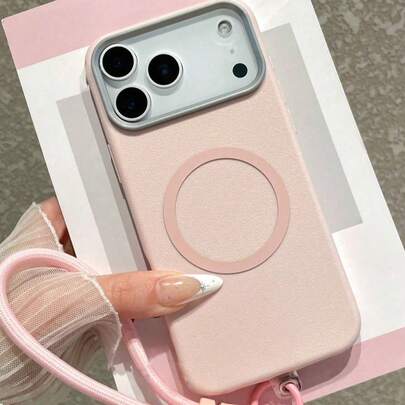 Funda de teléfono con estilo de cordón de negocios de textura de cuero minimalista en color rosa | Súper absorción magnética que admite carga rápida de power bank, compatible con Apple 17 Air/17 Pro Max/16/15 Pro/Pro Max/Plus, S25 Ultra/S25 FE/S20/S24 Plus, compatible con Redmi | Textura de cuero delicada que proporciona un tacto suave y protección contra arañazos, regalo de primavera minimalista