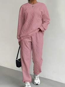 Women's Spring Comfort Knitted Two Piece Sportswear - White And Multi Color, Loose, Long Sleeve Round Neck Top And Pocket Jogging Suit, Solid Color, Spring And Autumn Set, Casual Outdoor Sportswear, Multi Functional All Age Casual Wear | Knitted Fabric | Women's Minimalist Sportswear - Phiên bản cao cấp mùa xuân màu hồng - Xem 4