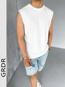 GRDR Men's Waffle Texture Sleeveless Tank Top, Fashionable Casual Versatile Knit Tank Top For Spring/Summer - White - View 3