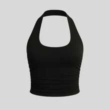 Kit 2 Women's Halter Neck Top With Bare Back, Ruched Sides And Bust Lining - Immediate Shipping (4) - 1 BLACK PIECE + 1 BLUE PIECE - View 2