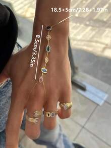 1 件复古多色锆石铜全指环手链，适合女性日常和节日佩戴 - 金色 - 查看 4