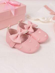 可爱新生儿婴儿爱心刺绣蝴蝶结公主平底鞋 - 粉色 - 查看 5