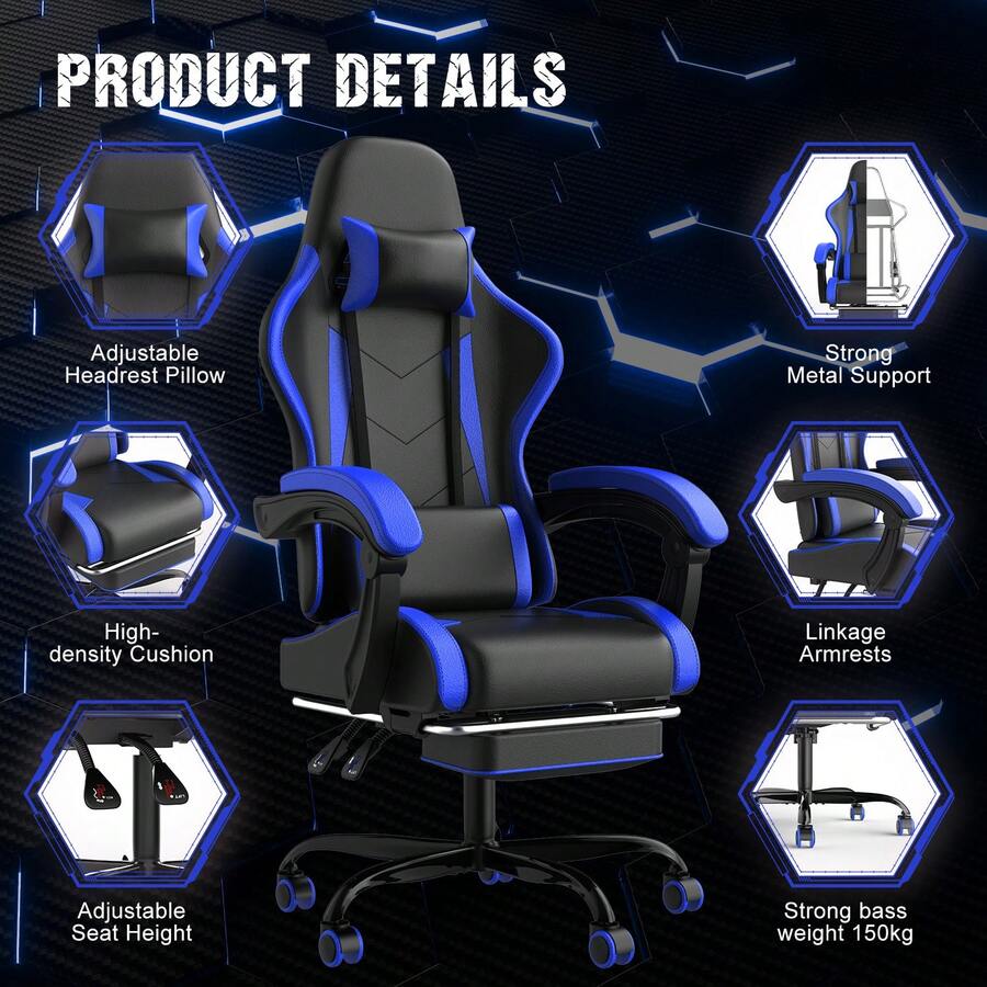 DEVOKO Gaming Chair Computer Chair Ergonomic Gaming Chair With Footrest Office Chair Ergonomic Computer Chair With Lumbar Support - Blue - View 1