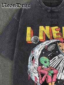 NeonDrift Halloween, Christmas, Thanksgiving Gifts-Alien UFO Graphic T-Shirt: Bold Cosmic Design For Sci-Fi Enthusiasts - Perfect For Festival Wear And  Outfits - 黑色 - 查看 2