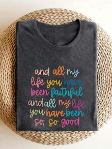 大码女式字母印花圆领休闲T恤 - 深灰色 - 查看 2