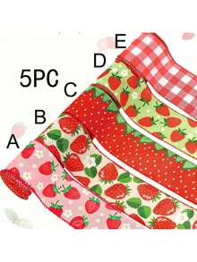 1 Roll/5 Rolls 2.5 Inch Strawberry Plaid Printed Colored Edged Satin Ribbon, Suitable For Summer DIY Craft Floral Wreath, Bow, Gift Box Packaging - Strawberry - View 4