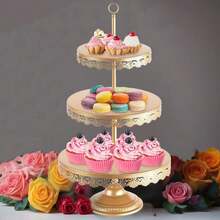 7-Piece Golden Cake Stand Set (Includes 3-Tier Stand, Heart-Shaped & Rectangular Trays) | Multi-Size Dessert Display Set (Largest 42cm) | For Weddings, Birthdays, Christmas, Afternoon Tea | Metal With Lace Embossed Design, Premium Dessert Table Serving Collection - Vàng - Xem 9
