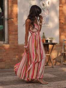 ZIMO Jasmine Rainbow Stripe Halter Dress, Waist Cinched Slim Fit Side Slit Maxi Dress, Romantic Fairy Vibe, Ideal For Commute, Travel Photoshoots & Vacations, Spring Summer Outfit - Red - View 3