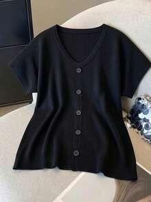 GIGOGOU Áo len nữ tay ngắn dáng rộng, cỡ lớn 1XL-4XL, màu đen, thích hợp mặc mùa xuân hè. - màu đen - Xem 3