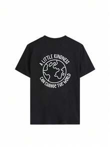 Women's Summer New Letter Print Round Neck Short Sleeve T-Shirt, Casual Loose Versatile Top For Daily Wear - Black - View 3