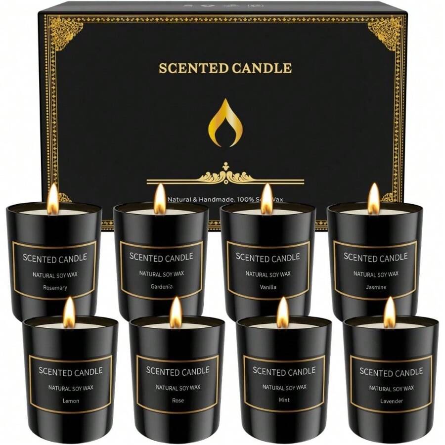 8 Pack Scented Candles Set For Men&Women, Aromatherapy Soy Candles For Home Scented, Holiday Candles Black Mens Candle Gift Set For Christmas, Birthday, Anniversary - A - 查看 1
