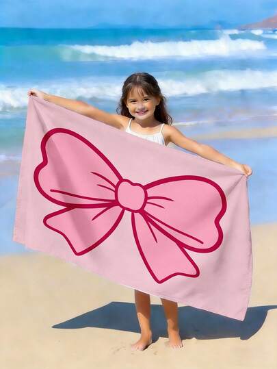 1pc Pink Bow Kids Beach Towel, Children's Bathroom Beach Towel, Swimming Pool Beach Towel, Suitable For Bathing, Swimming, Bathroom, 100% Polyester Microfiber Super Absorbent, No Shedding