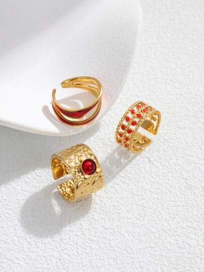 Set de 3 anillos abiertos de acero inoxidable con estilo vintage dorado, con decoración de gotas de aceite rojo, adecuado para uso diario de mujeres o como regalo
