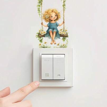 1pc Cute Cartoon Fairy, Flower & Butterfly Pattern Self-Adhesive PVC Wall Decor Switch Sticker For Kids Room