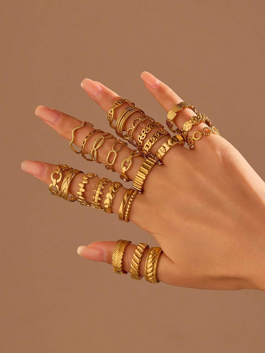 24pcs Stainless Steel 18K Gold Plated Women's Fashion Minimalist Style Open Rings Set, Suitable For Daily Wear Or Gift - Yellow Gold - View 1