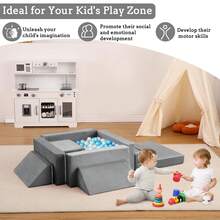 Sofá Infantil Modular de 12 Piezas con Piscina de Pelotas, Convertible para Niños y Niñas Creativos, Sofá de Juego Ideal para Sala de Juegos - Gris - Ver 5