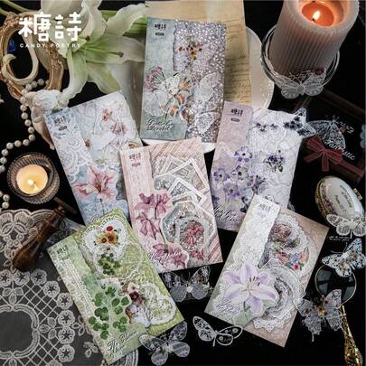 20枚入り PET ホワイトインクステッカー、レース フローラルシリーズ、ヴィンテージレースデコラティブステッカー スクラップブッキング、プランナー、ジャーナリングに