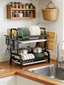 1 pieza Estante de cocina de hierro negro de 2 niveles; Organizador de almacenamiento de utensilios - Multicolor - Ver 5