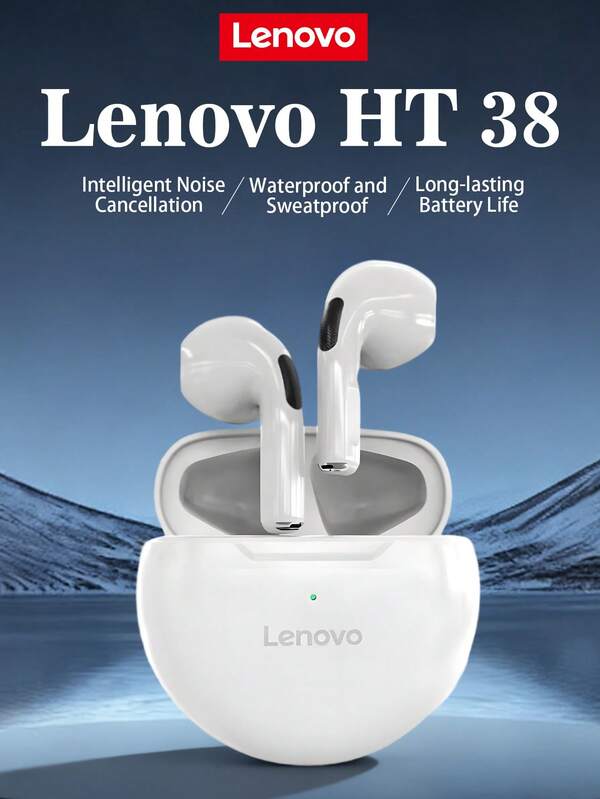  Lenovo HT38 Bluetooth Headphones Wireless Sweat-Proof Sports Earbud With Microphone High-Definition Sound Powerful Bass Long Battery Life, Lightweight And Comfortable, For Women And Men Gifts. Available In Black Or White. Suitable For Running, Exercising, Commuting, Holidays And Calls. Air Pods Lenovo Earphones