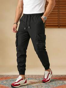 Men's Cargo Pants With Flap Pockets, Drawstring Waist, Ankle-Tied, Suitable For Spring And Autumn - Black - View 1