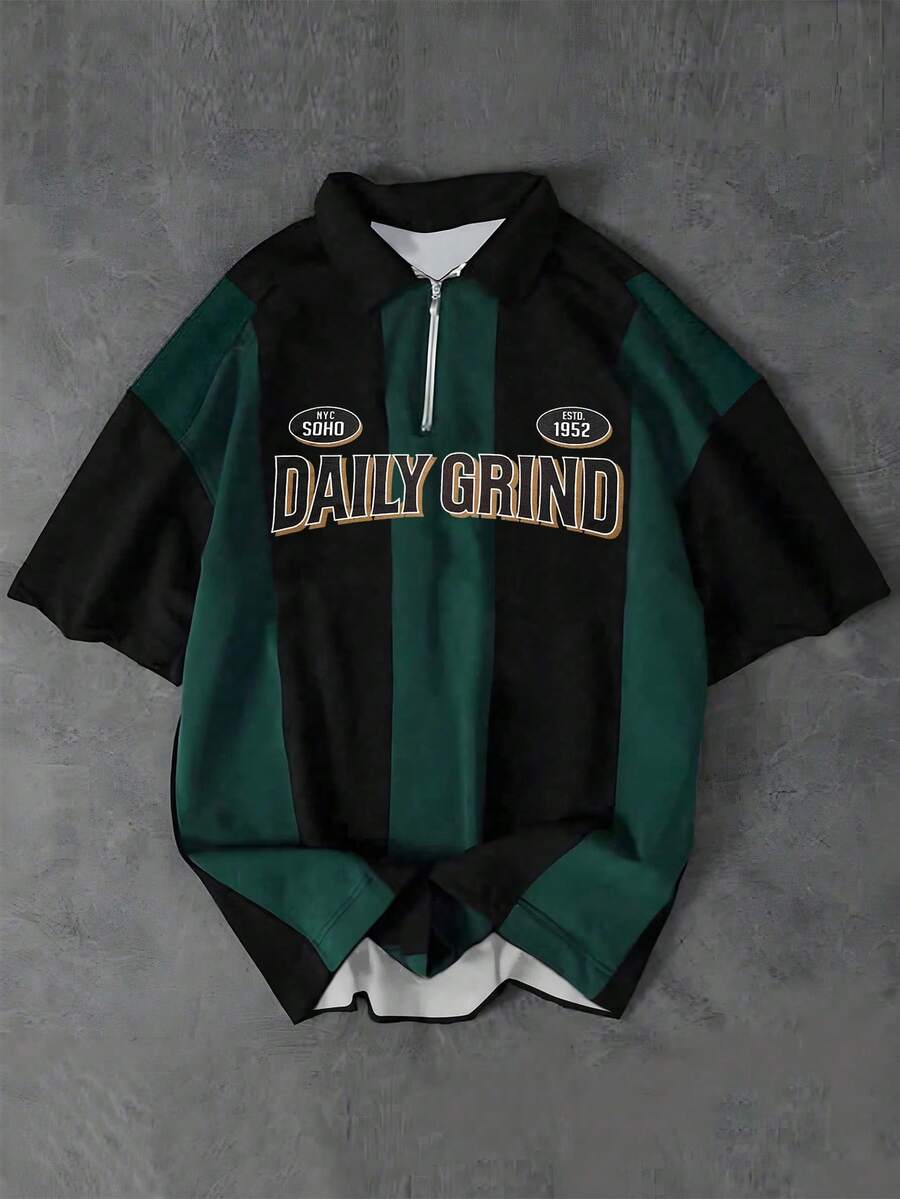 男士休闲条纹 Polo 衫,撞色套头短袖上衣,适合夏季 - 墨綠色 - 查看 1