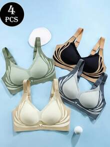 4-Piece Women's Comfortable And Breathable Color-Blocked Sports Bra Set, Bralettes For Women,Bras For Women,Full-Cup Warm Bra, Lifts And Flattens The Abdomen, Side Shaping, Suitable For Yoga.  Powerful Push Up Seamless Bra Powerful Anti-Sagging Super Gather Wireless Underwear Bra - 彩色 - 查看 2