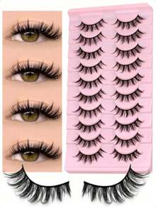 10 Pairs Cartoon Style Natural Cat Eye False Eyelashes, Criss-Cross Thick Mink Fur Fake Lashes - Black - View 1