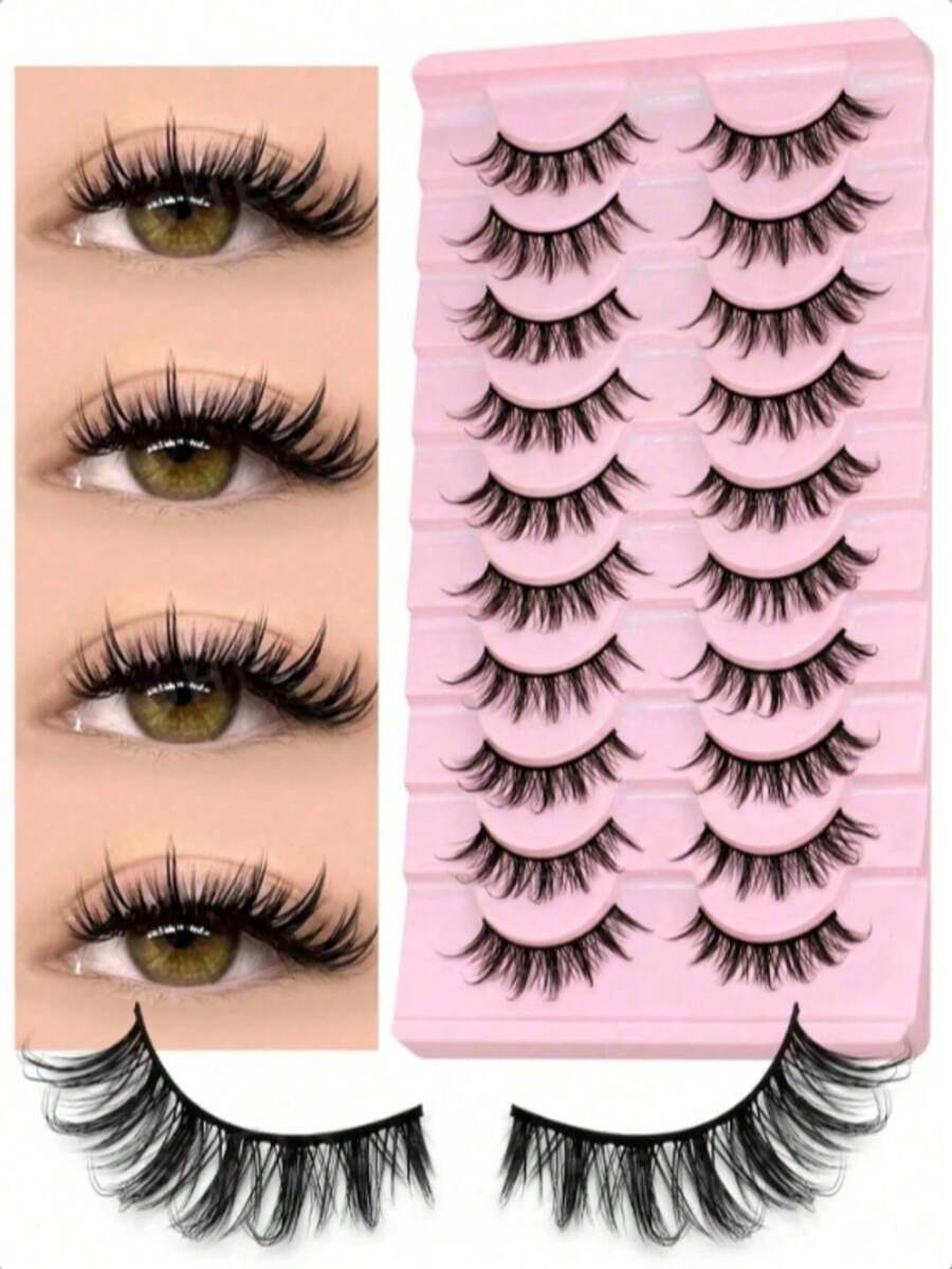 10 Pairs Cartoon Style Natural Cat Eye False Eyelashes, Criss-Cross Thick Mink Fur Fake Lashes - Black - View 1