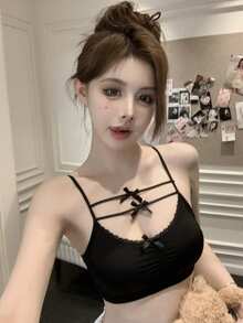 Sexy Lace Camisole With Bowknot, Women Summer Padded Bustier Crop Top Vest - Black - View 1
