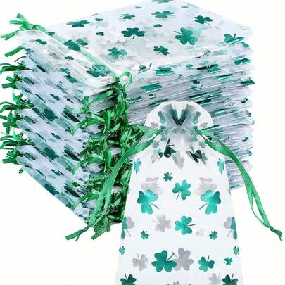 10 Piezas Bolsas de regalo de organza de 4 x 6 pulgadas, bolsas con cordón con trébol, bolsas pequeñas de malla irlandesa para chocolates, dulces, monedas de oro, regalos, suministros para fiestas, bolsas de obsequio, adecuadas para regalos del Día de la Madre, regalos de boda, regalos de cumpleaños, Día de San Patricio