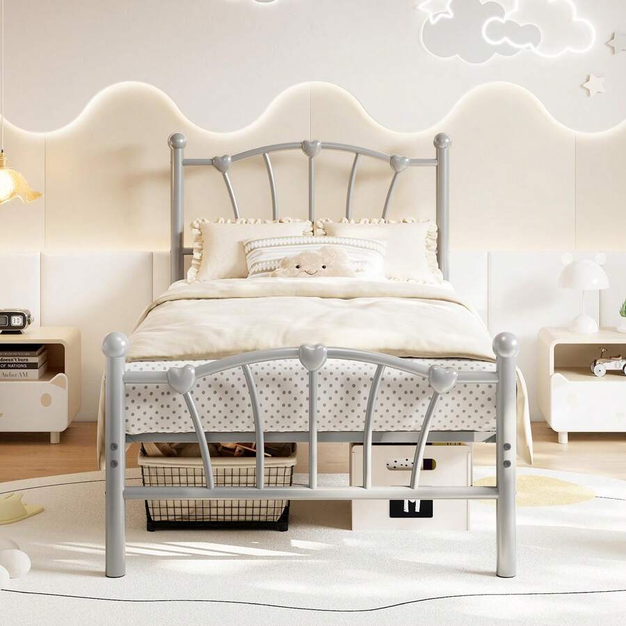Base de Cama Twin con Cabecera y Pie de Cama de Metal en Forma de Corazón, Plataforma con Soporte de Listones Resistentes, Espacio de Almacenamiento bajo la Cama, Sin Resorte de Caja Necesario - Gris - Ver 1