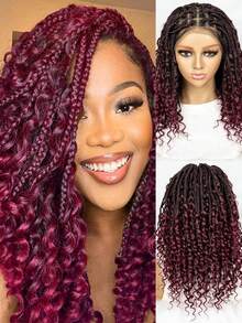 More Beautiful Full Lace Knotless Braided Wig With Curly Ends – 180% Density Handmade Synthetic Lace Front Wig For Women - #1B/99J - Xem 12