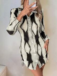 Women's Long-Sleeved Cardigan Shirt Dress With Side Drawstrings Spring Dress Women Spring Dress Spring Break Outfits Spring Outfit Women Female Carnival Costume - Gray Black - View 3