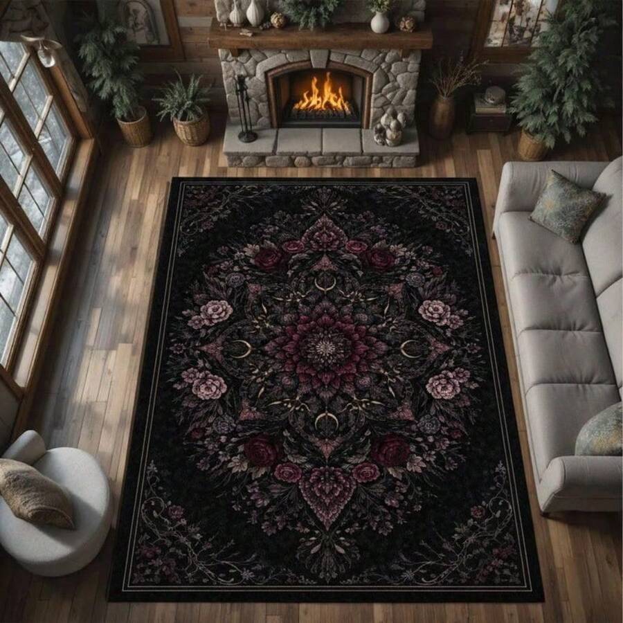 Alfombra gótica floral con mandala oscuro, decoración gótica bohemia para sala de estar, 81 x 50 cm (84 x 152 cm), ideal para regalar. Alfombras elegantes y de alta calidad, ideales para decorar y regalar. Decoración del hogar, la mejor opción para regalos de cumpleaños de estilo gótico. - Multicolor - Ver 1