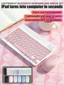 无线键盘鼠标套装：10英寸扁平键盘 + 电池供电马卡龙鼠标 | 蓝牙无线连接，哑光表面，多种颜色可选，适用于iPad、手机、平板电脑、笔记本电脑、办公设备，便携式无线键盘鼠标套装（键盘电池容量150mAh） - 彩色 - 查看 1