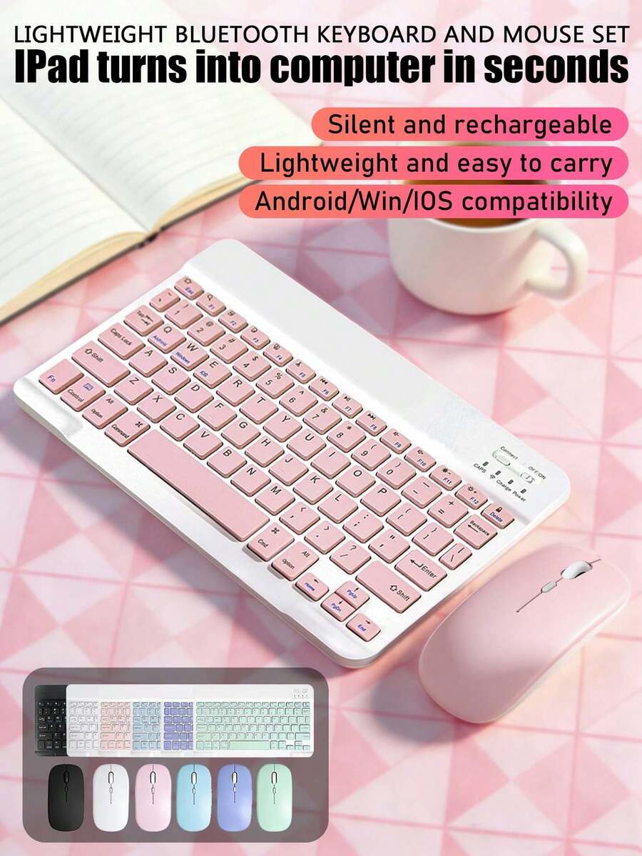 无线键盘鼠标套装：10英寸扁平键盘 + 电池供电马卡龙鼠标 | 蓝牙无线连接，哑光表面，多种颜色可选，适用于iPad、手机、平板电脑、笔记本电脑、办公设备，便携式无线键盘鼠标套装（键盘电池容量150mAh） - 彩色 - 查看 1