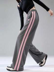 2026 Spring/Autumn Ash & Pink Straight-Leg Pants, New Graphic Print, American Retro Sweatpants For Women, High-Waisted Casual Loose Fit Flared Trousers - 1A55 Ash Mix - 1182 Powder - View 5