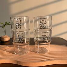 可爱极简线条卡通动物马克杯，少女风ins风早餐牛奶杯，咖啡杯，冷饮杯 - 透明 - 查看 7